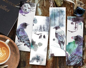 Raven Bookmarks, Printable Set of 4 Watercolor Moonlight Ravens Bookmarks, Winter Snow Birds