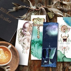 May include: Set of four watercolour bookmarks featuring a Viking theme. The bookmarks depict a warrior's helmet, a shield, a hammer, and a ship sailing on a starry night.