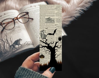 Spooky Tree Halloween Bookmark, Bats and Owl and Haunted Vibes Dictionary Page Bookmark