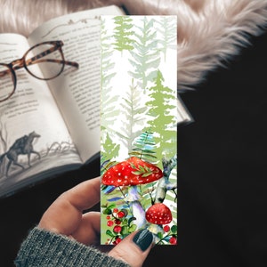 Woodland Mushrooms Bookmark, Pine Watercolor with Red Mushroom and Ferns, Botanical Bookmark