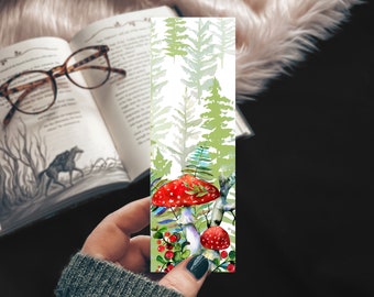 Woodland Mushrooms Bookmark, Pine Watercolor with Red Mushroom and Ferns, Botanical Bookmark