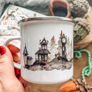 Halloween Metal Mug, Haunted Town Watercolor Camp Mug, Spooky Village Hot Cocoa Cup image 3