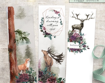 May include: Set of three watercolor bookmarks featuring a foggy forest scene with a fox, a deer, and a quote about reading. The bookmarks are white with a burgundy floral design and the text "Reading is dreaming with open eyes" and "believe".
