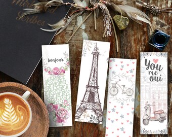 French Printable Bookmarks, French Baby Shower  Favors Bonjour, Eiffel Tower Bookmark, French Theme You Me Oui, Roses Bookmark for Girls