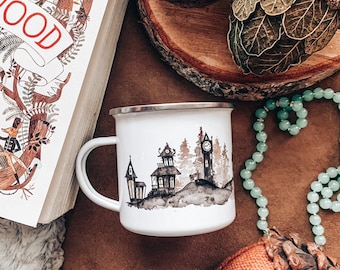 Halloween Metal Mug, Haunted Town Watercolor Camp Mug, Spooky Village Hot Cocoa Cup