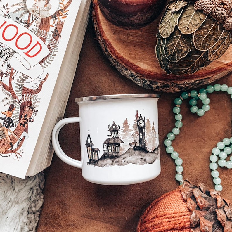 Halloween Metal Mug, Haunted Town Watercolor Camp Mug, Spooky Village Hot Cocoa Cup image 1