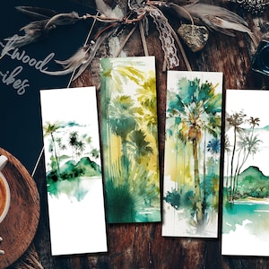 Tropische Insel Lesezeichen, Strand und Palmen Lesezeichen Set, Hawaii Leben Aquarell Lesezeichen zum Herunterladen, Strandlandschaft