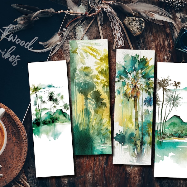 Printable Tropical Island Bookmarks, Beach and Palm Trees Bookmark Set, Hawaii Life Watercolor Downloadable Bookmark, Beachscape