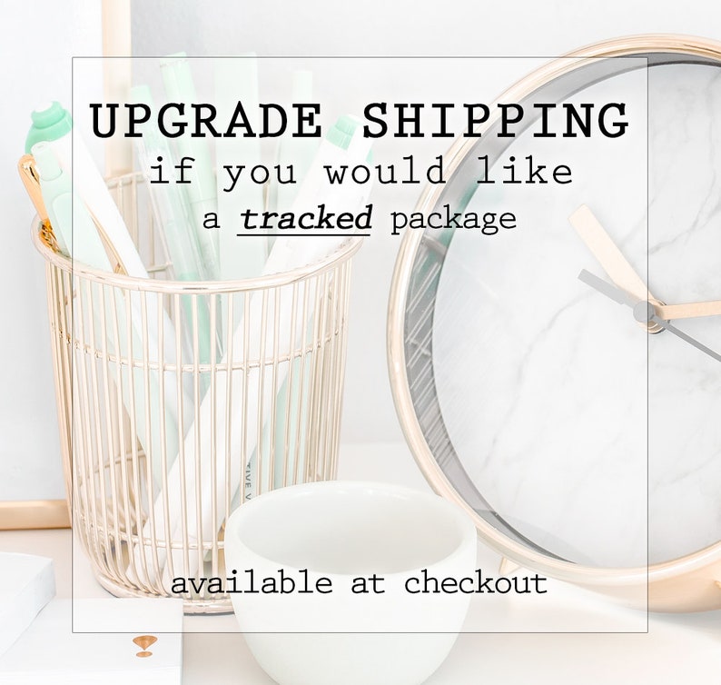 May include: A gold wire basket filled with green and white pens, a white ceramic bowl, and a gold clock with a white marble face. The text "UPGRADE SHIPPING if you would like a tracked package available at checkout" is displayed on a white background.