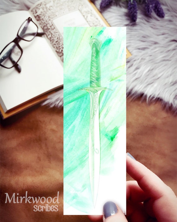 Dagger Bookmark, Green Watercolor Elf Weapon Book Accessory, Sting Sword