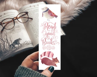 Read Good Books Watercolor Woodland Animal Bookmark, Bird and Squirrel Bookmark, Cute Animals Bookish Bookmarker