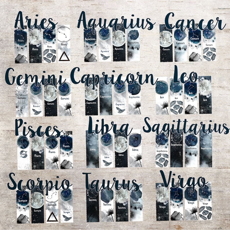 May include: Twelve watercolor bookmarks featuring the astrological signs of the zodiac. Each bookmark has a blue, white, and black color scheme with a moon, stars, and crystals. The signs are: Aries, Aquarius, Cancer, Gemini, Capricorn, Leo, Pisces, Libra, Sagittarius, Scorpio, Taurus, and Virgo.