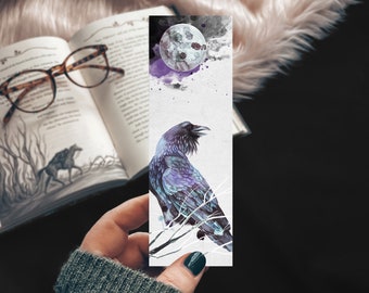 Raven Bookmark, Watercolor Ravens Handmade Linen Bookmark, Full Moon Magic Scene