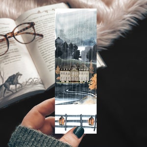 Haunted House Watercolor Bookmark, Manor House in the Rain, Mystery Reader Halloween Bookmark Set, Suspense and Thriller Book Lover Gift