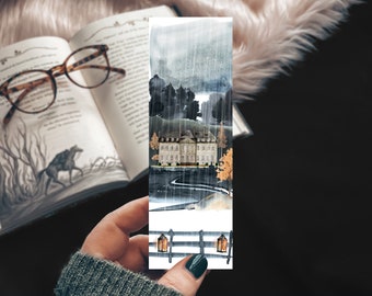 Haunted House Watercolor Bookmark, Manor House in the Rain, Mystery Reader Halloween Bookmark Set, Suspense and Thriller Book Lover Gift