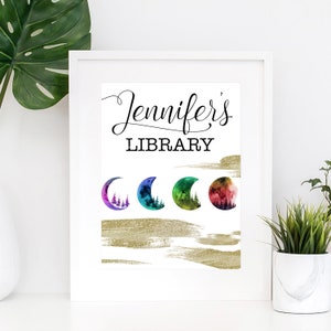 Letrero de biblioteca personalizado, letrero de fases lunares en acuarela con tu nombre, impresión artística de 8 x 10 para amantes de los libros