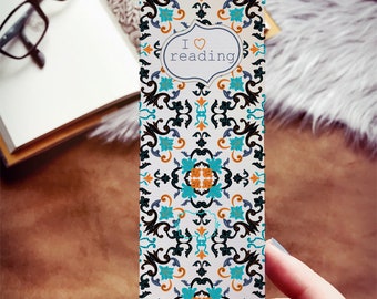 I Love Reading Teal Tile Patterned Bookmark, Colorful Mosaic Tile Bookmark