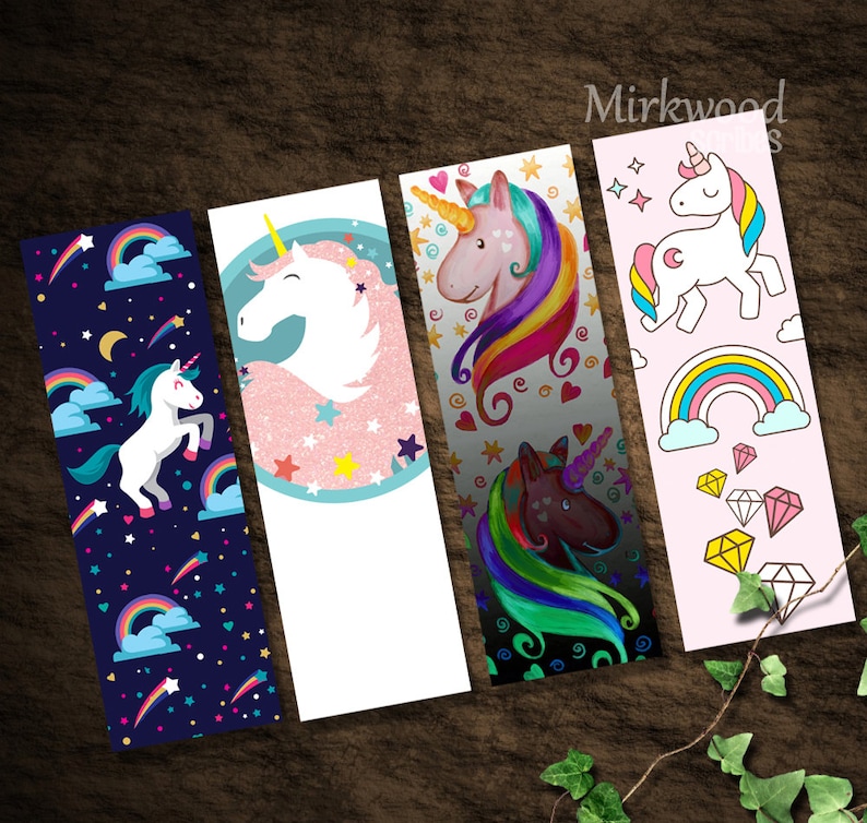 unicorn bookmarks printable set of 4 rainbow unicorn etsy