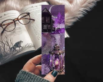 Haunted Lantern Watercolor Bookmark, Purple Haunted House Halloween Fall Bookmarks, Creepy Forest Mansion Lamp for Spooky Books