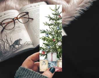 May include: A watercolor illustration of a Christmas tree with red and white ornaments, surrounded by wrapped gifts with blue and white patterns. The tree is green and has a white background.