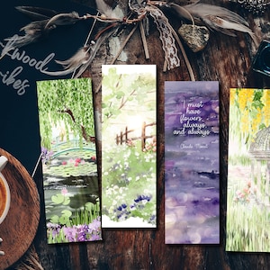 Printable Monet Style Garden Bookmarks, Claude Monet Quotes, Watercolor Floral Waterlillies Gift for Mom, Garden Lover gift for Easter