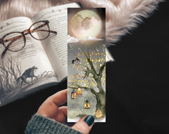 Spooky Tree Watercolor Full Moon Bookmark, Halloween Bookmark, Lanterns and Lights bookmark