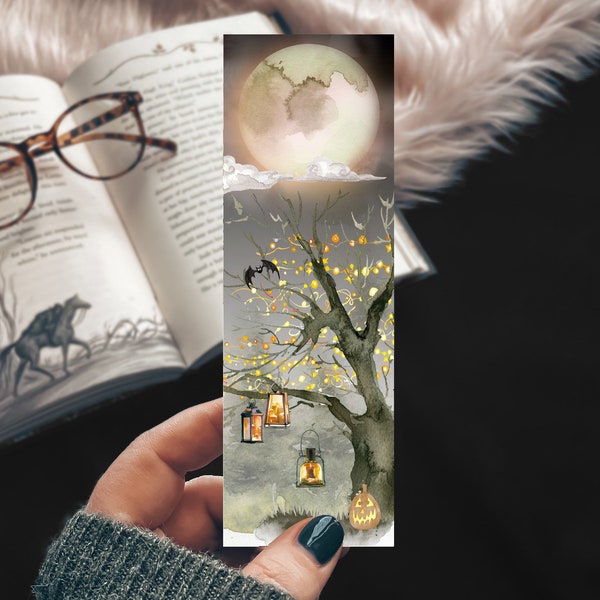 Spooky Tree Watercolor Full Moon Bookmark, Halloween Bookmark, Lanterns and Lights bookmark