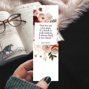 Jane Austen Quote Bookmark, Jane Austen Literary Floral Set of Bookmarks, Women's Literature Book Lover Gift