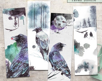 Raven Bookmark Bundle, Special Offer Pricing, Raven and Birds Magical Watercolor Bookmarks