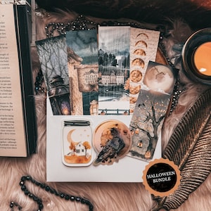 May include: A set of Halloween themed bookmarks and stickers. The bookmarks feature watercolour illustrations of a spooky tavern, a moonlit forest, and a lantern. The stickers feature a raven, a moonlit jar with a house, and a moonlit tree with lanterns. The set is packaged in a white envelope with a gold sticker that says "Halloween Bundle".