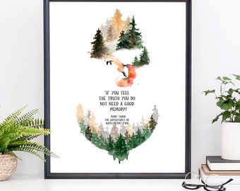 Literary Quote Printable Wall Art, Mark Twain Huckleberry Fin Watercolor Wall Art, Fox in the Forest