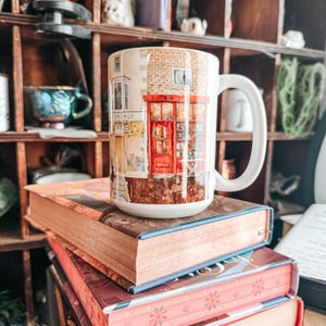 Book Shop Mug, Watercolor Bookstore Black Cat Coffee Cup, Cozy Drinkware with Wrap Around Design