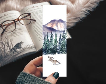 Winter Wolves Watercolor Landscape Bookmark, Wolf Cozy Aesthetic Mountain Scene Reader Gift for Dad, Book Lover Brother Gift for Him