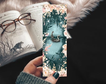 Enchanted Lake Bookmark, Magical Garden Landscape with Swans, Romance Reader Twilight Realm Print for Book Lovers