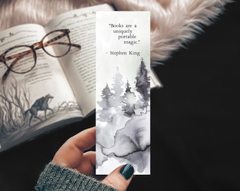 Watercolor Literary Quote Bookmark, Books are a Uniquely Portable Magic Quote, Watercolor Forest Print, Bookish Gift, Book Club Idea