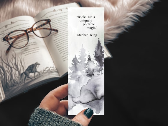 Watercolor Literary Quote Bookmark, Books are a Uniquely Portable Magic Quote, Watercolor Forest Print, Bookish Gift, Book Club Idea