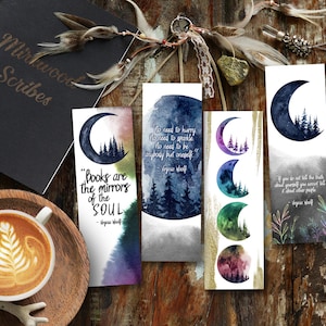 Virginia Woolf Quote Printable Bookmarks, Rainbow Moon Watercolor Bookworm Prints, Galaxy Moons