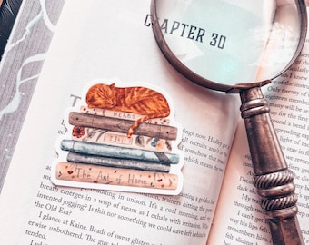 Book Stack Orange Cat Sticker, Watercolor Book Lover Vinyl Decal, Waterproof Reader Sticker, Laptop Decal for Booktok