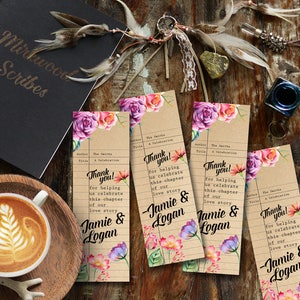 Literary Shower Favor Bookmark, Custom Floral Library Card Bookmark, Book Themed Shower Favors