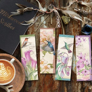 Birds and Flowers Printable Bookmarks, Vintage Paper Style Floral Bookmarkers with Violets, Lillies, and Roses and Colorful Birds