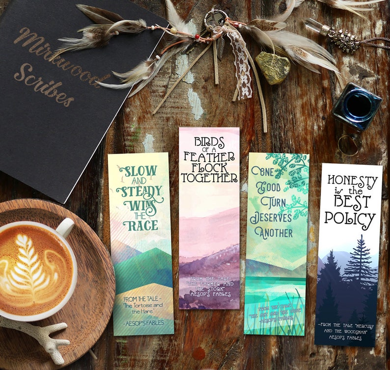Aesops Fables Bookmarks, Printable Preset of 4 Aesops Fables Bookmarks, Tortoise and the Hare, Birds of a Feather, Gorgeous Bookmarks graphic regarding Printable Fables titled Aesops Fables Bookmarks, Printable Established of 4 Aesops Fables Bookmarks, Tortoise and the Hare, Birds of a Feather, Magnificent Bookmarks