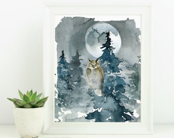 Owl Watercolor Printable Wall Art, Owl Home Decor, Full Moon Lunar Art Print