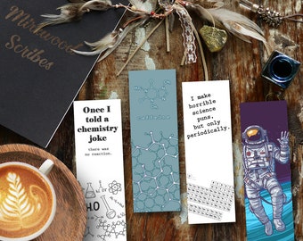 Science Themed Bookmarks, Instant Download Printable Science Bookmarks, Science Puns, Caffeine Molecule and Astronaut