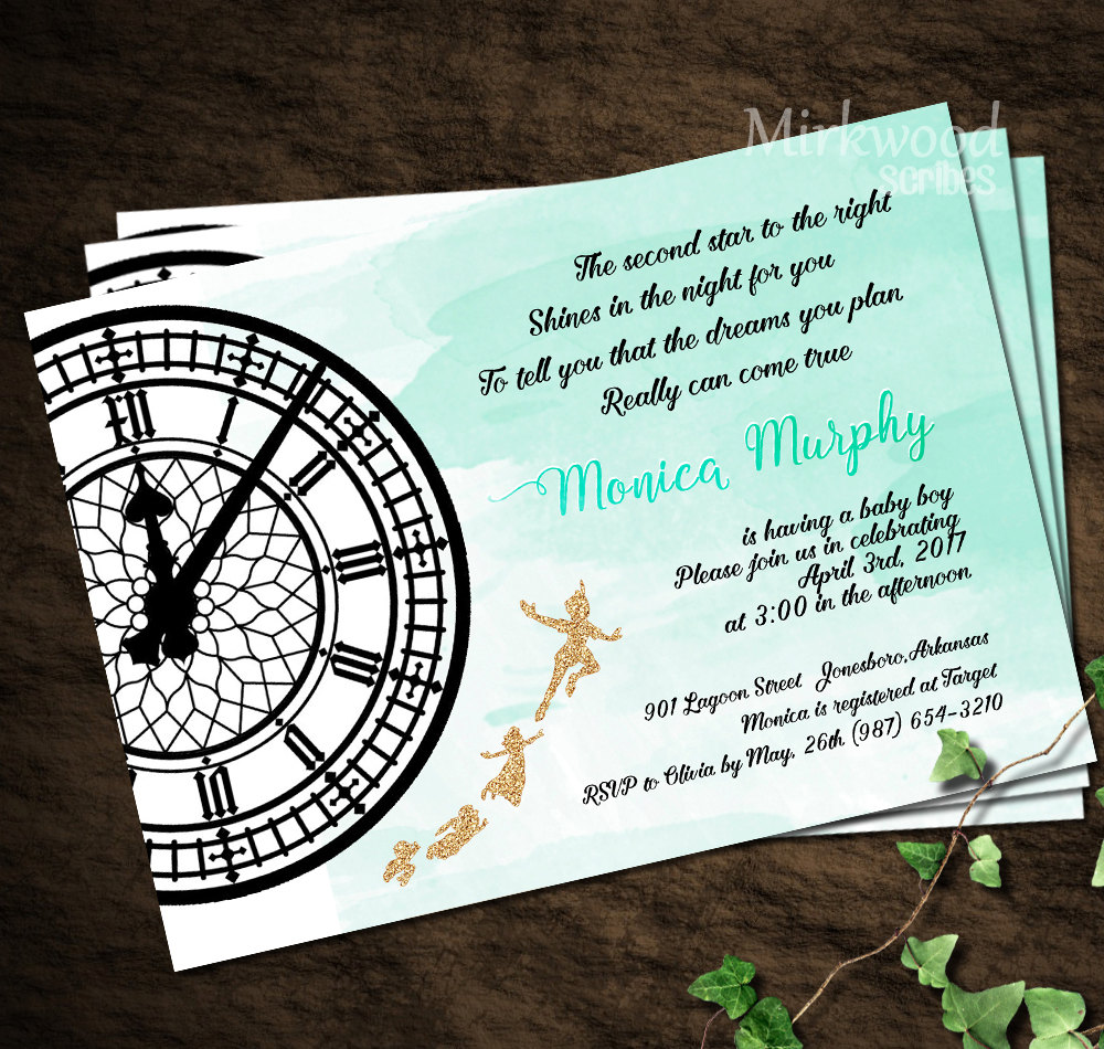 Peter Pan Baby Shower Invitation, Neverland Baby Shower, Watercolor Glitter  Tinkerbell and Peter Pan Storybook Shower