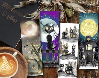 Halloween Printable Bookmarks, Full Moon and Black Cat Haunted House Bookmarks, Hocus Pocus Halloween Town Creepy Print