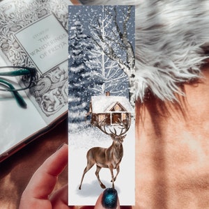 Watercolor Winter Deer Bookmark, Linen Paper Bookmark Gift for Dad, Christmas Cabin Bookmarks