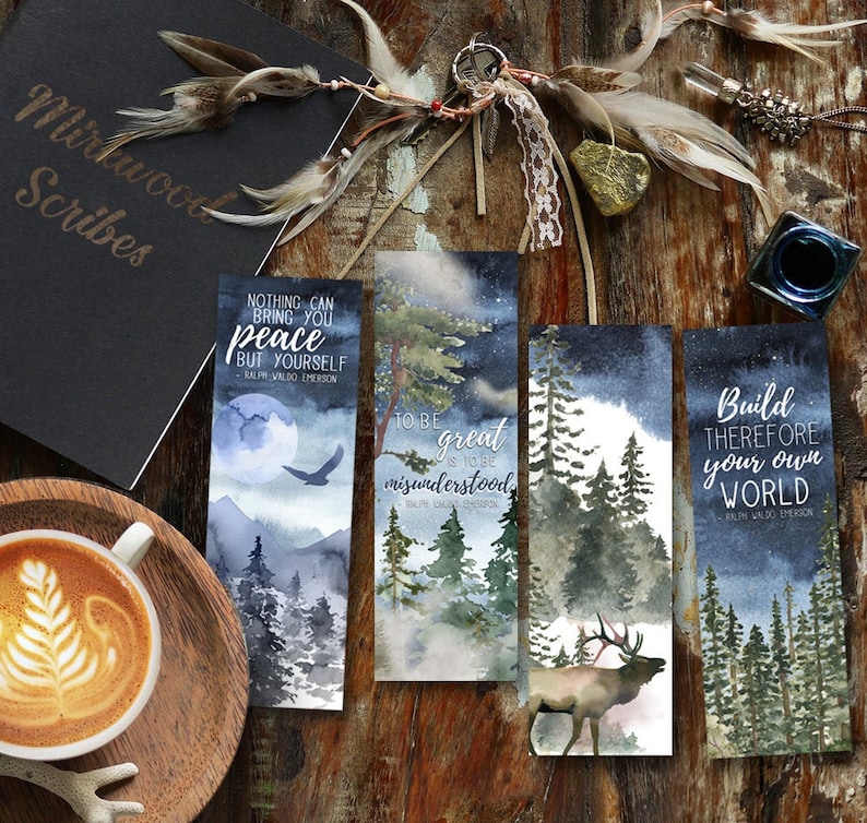 ralph waldo emerson printable watercolor bookmarks nature etsy
