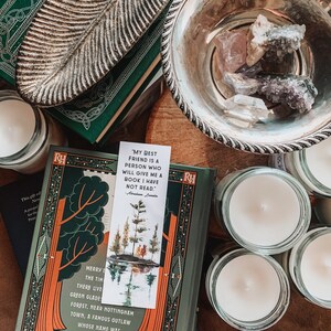 May include: A green book with gold lettering and a bookmark with a quote by Abraham Lincoln that reads "My best friend is a person who will give me a book I have not read." The bookmark features a watercolor illustration of trees and a lake.