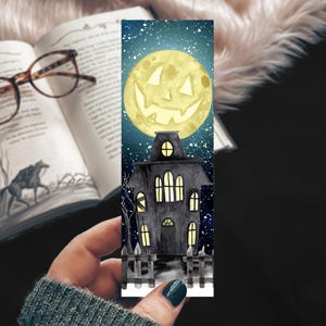 Haunted House Halloween Bookmark, Watercolor Spooky Full Moon Handmade Bookmark