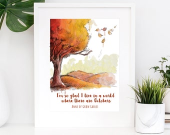 Impresión de arte de Ana de las Tejas Verdes, cita de octubre en acuarela, decoración literaria del hogar, arte de pared para amantes de los libros clásicos para niños